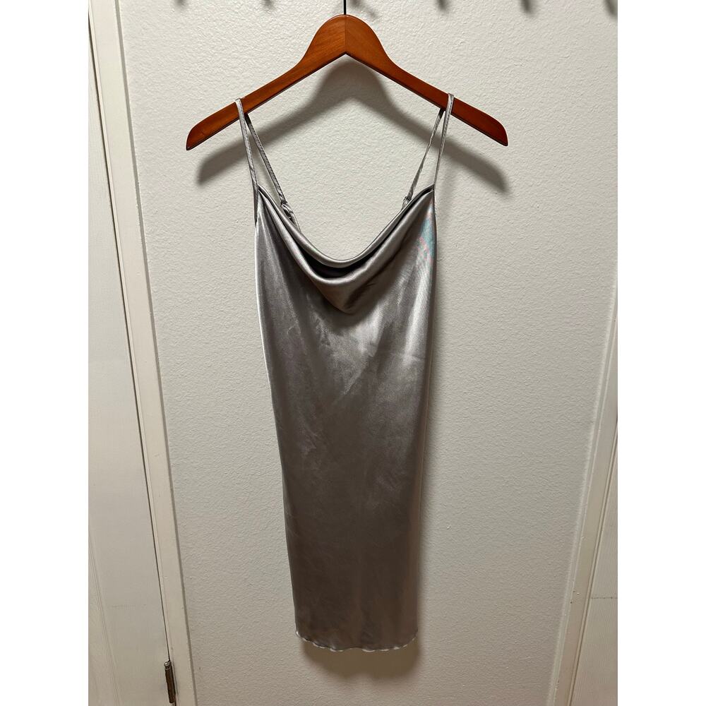 BEBE Silver Cowl Neck Slip Mini Dress Spaghetti Straps, Size Small - Picture 2 of 7